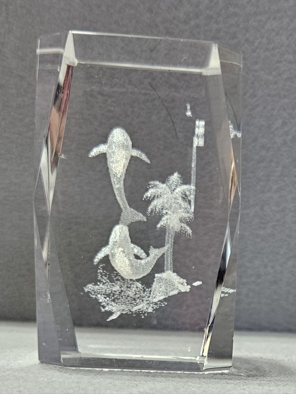 3D 3" Laser Etched Glass Crystal Cube, DOLPHINS Fish and Palm Trees Paperweight